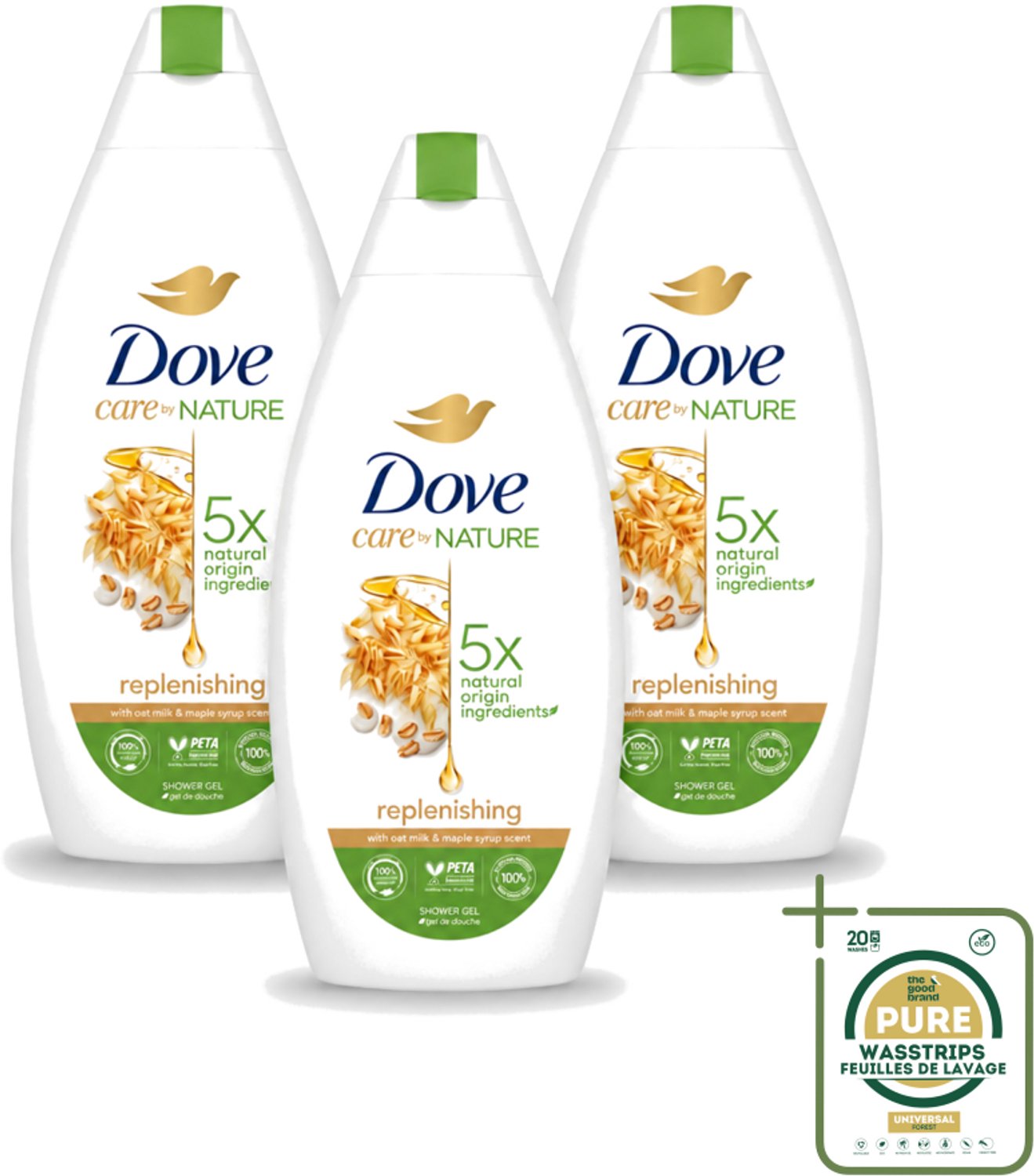 3 x Dove - Douchegel - Replenishing - Hydraterend en verzorgend - 400 ml - Wasstrips - Douchegel - Hydratatie - Huid Verzorging - Zachte Huid - Schuim