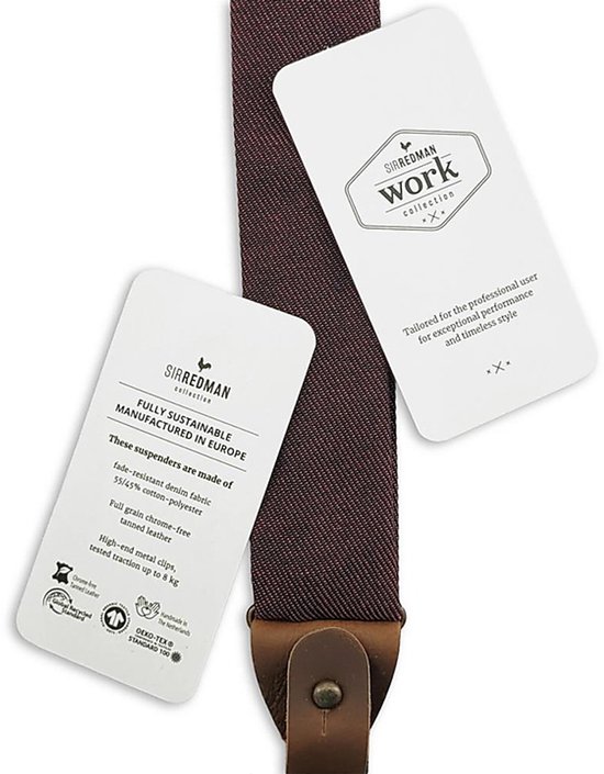 Bourgondische denim bretels met bruine leren details en metalen clips. Het "WORK collection" label vermeldt "Tailored for the professional user".