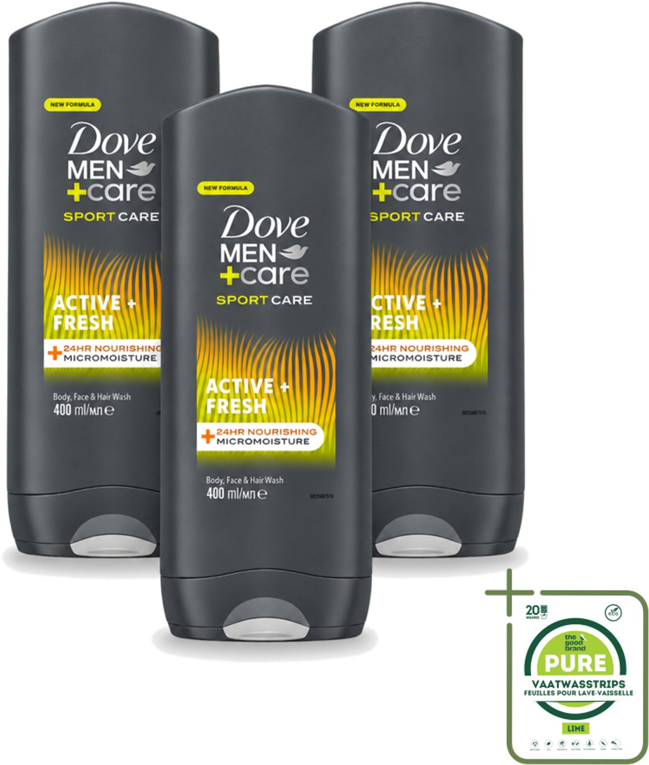 3 x Dove - Douchegel - Men+ Care Active Fresh - Verfrissend en langdurige bescherming - 400 ml - Grootverpakking - Vaatwasstrips - Douchegel - Frisse Geur - Actieve Mannen - Energie - Huidverzorging