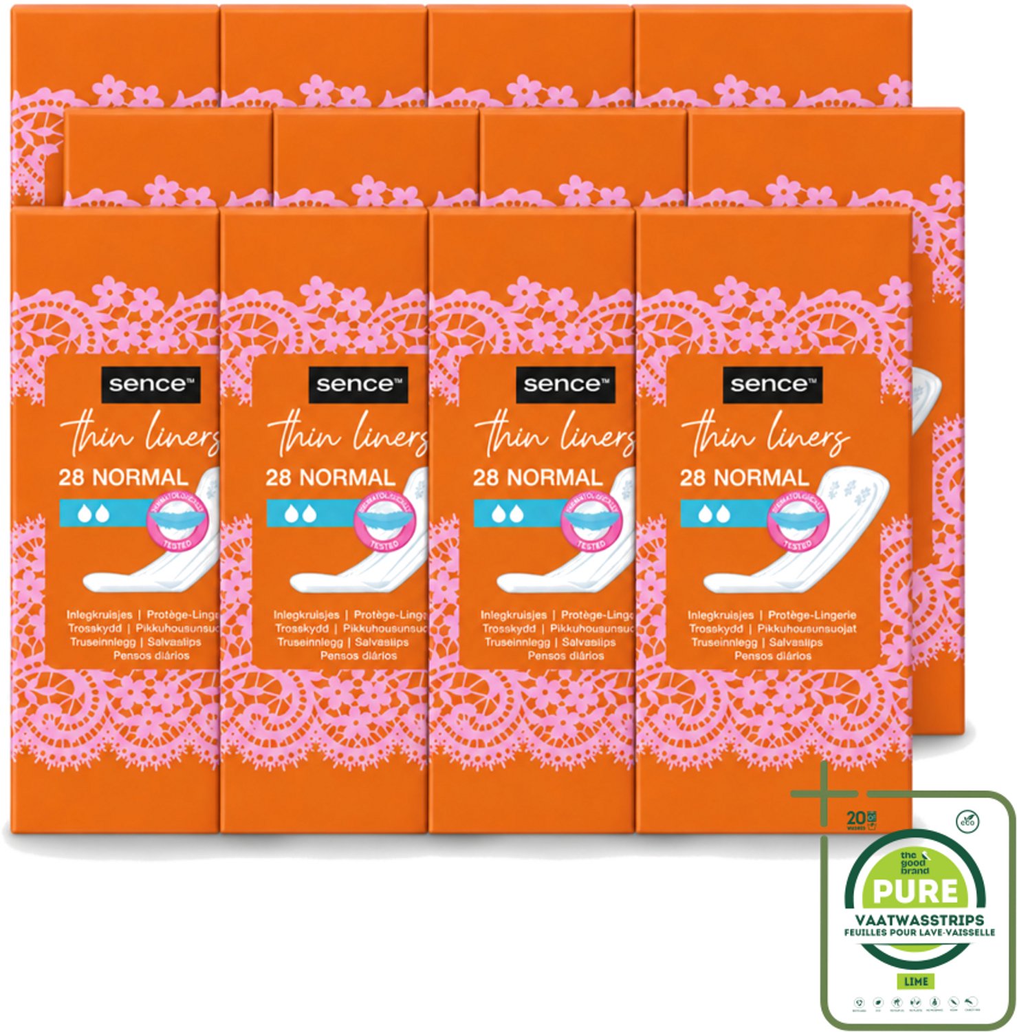 12 x Sence - Normaal - Inlegkruisjes - Dagelijks Comfort - 28 Inlegkruisjes - Grootverpakking - Vaatwasstrips - Inlegkruisjes - Dagelijks Comfort - Hygiëne - Afscheiding - Menstruatie