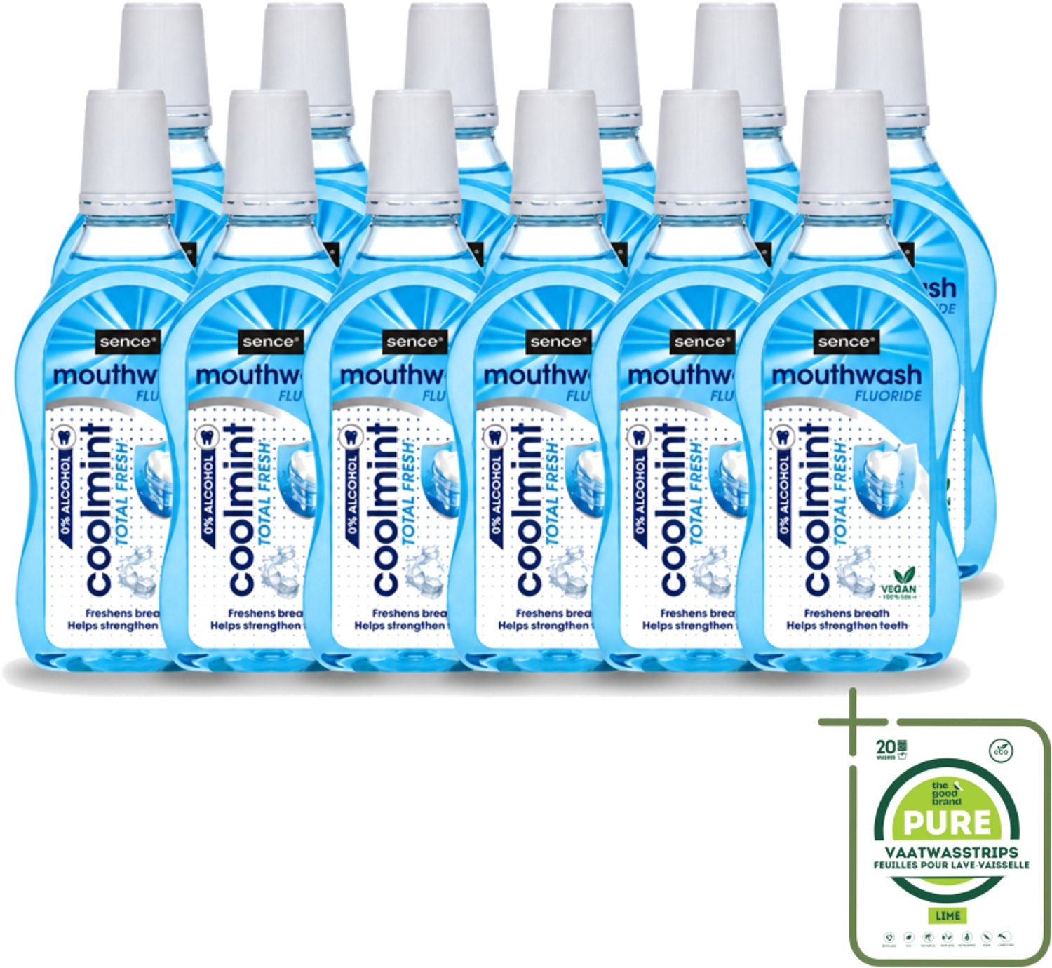 12 x Sence - Fresh Coolmint - Mondwater - Verfrissend - 500 ml - Grootverpakking - Vaatwasstrips - Mondwater - Frisse Adem - Koele Mint - Fluoride - Mondhygiëne
