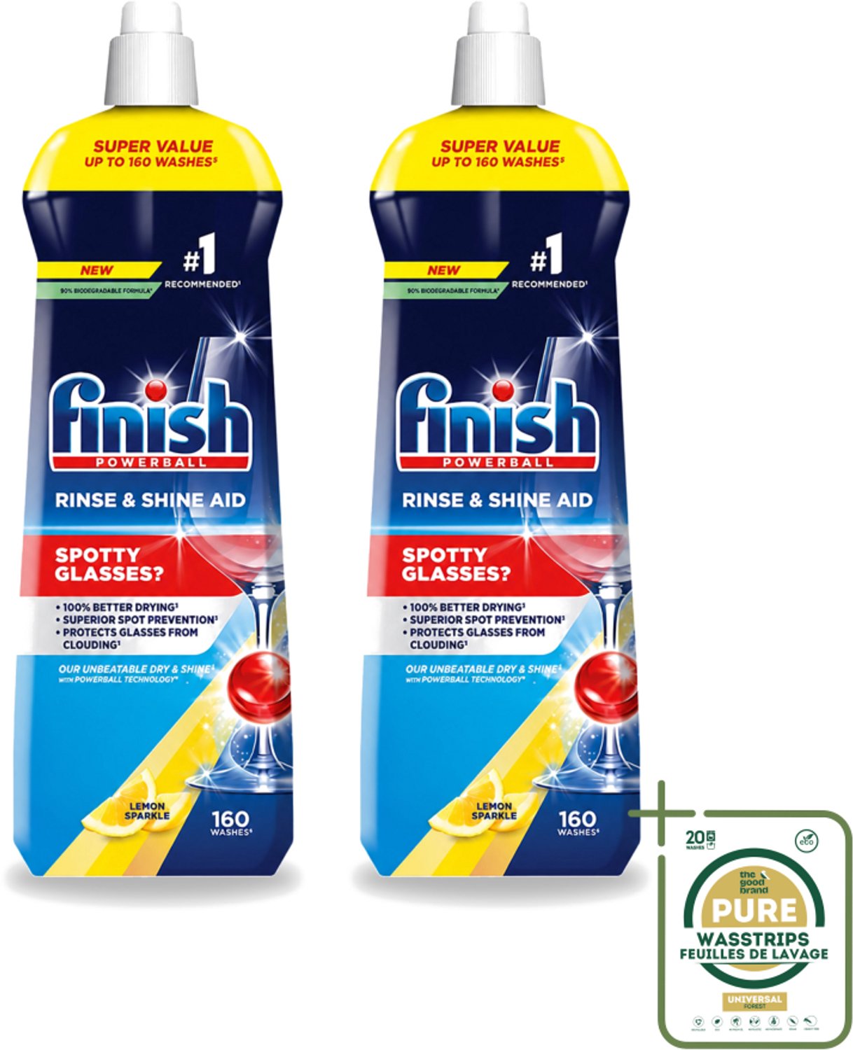 2 x Finish - Powerball - Vaatwasreiniger - Glansspoelmiddel - Perfecte Droging - Citroen - 160 Wasbeurten - Wasstrips - Glansspoelmiddel - Vaatwasreiniger - Snel Droging - Vlekken Voorkomen - Kalkaanslag