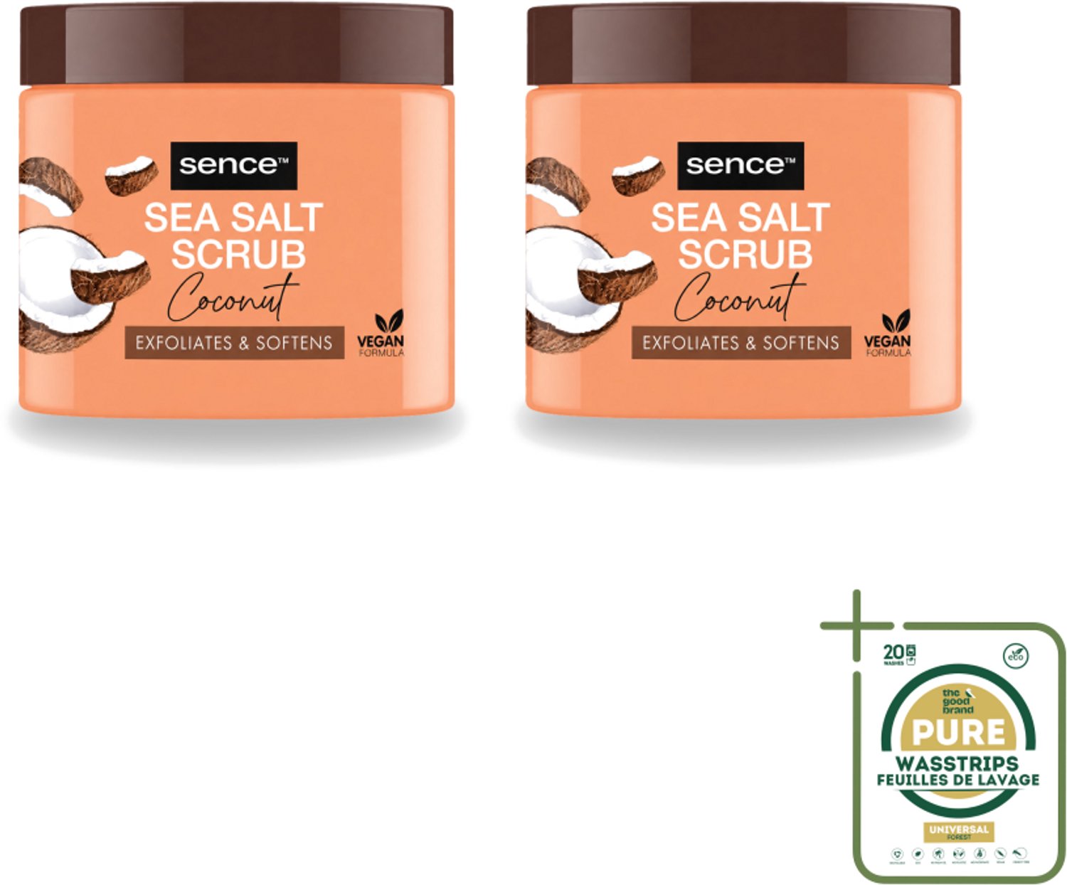 2 x Sence - Coconut - Bodyscrub - Verzorgend - 500 g - Wasstrips - Bodyscrub Kokos - Huid Verzorging - Exfolieer Huid - Zeezout Scrub - Kokos Geur