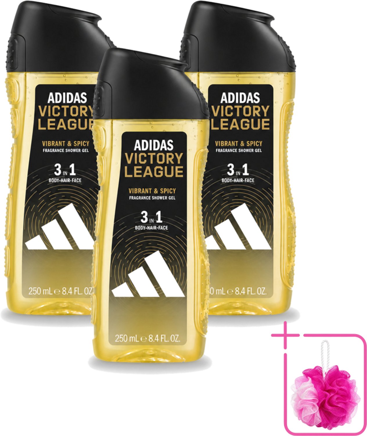 3 x Adidas - 3-in-1 Douchegel - Victory League - Vibrant & Spicy - Gerecyclede Verpakking - 250 ml - Bulkverpakking - Douchegel - Douchemop - 3-in-1