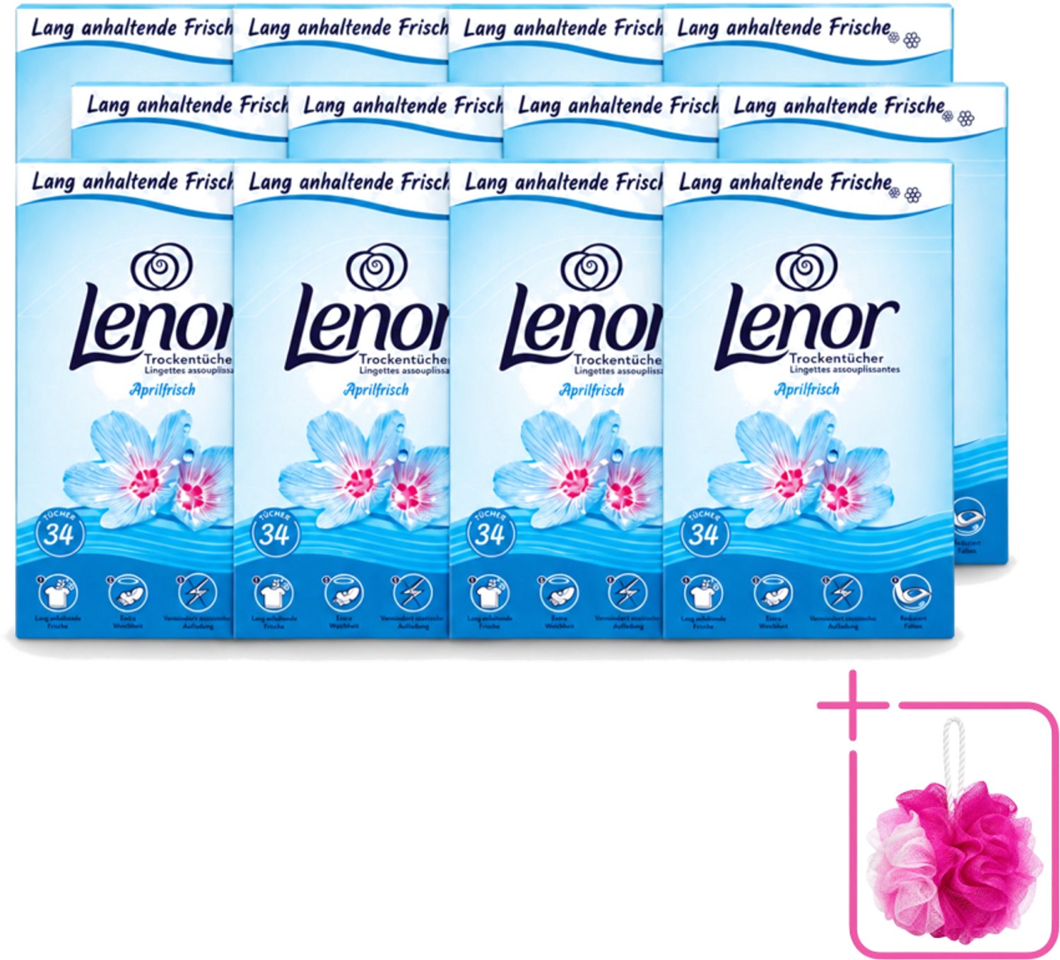 12 x Lenor - Droogtrommeldoekjes - Aprilfris - Textielverfrisser - 34 Doekjes - Bulkverpakking - Droogtrommeldoekjes - Douchemop - Frisheid