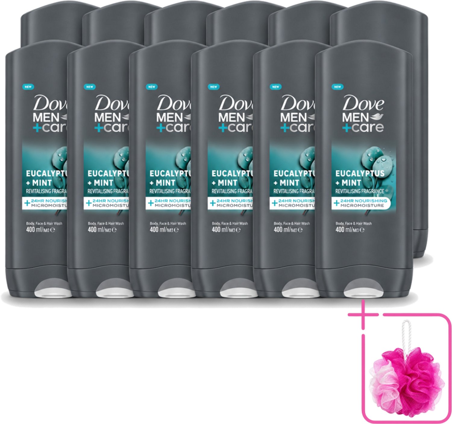 12 x Dove - Douchegel - Men+ Care Eucalyptus + Mint - Verfrissend en kalmerend - 400 ml - Bulkverpakking - Douchegel voor mannen - Douchemop - Eucalyptus en munt