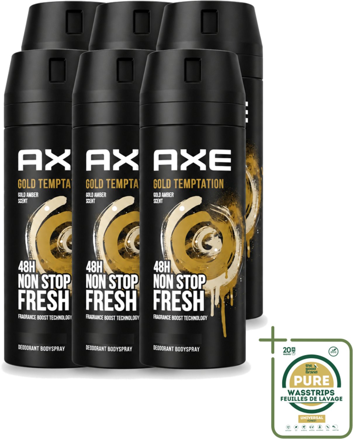 6 x Axe - Deodorant Bodyspray - 48hrs Non Stop Fresh - Gold Temptation - Gold Amber - 150 ml - Wasstrips - Deodorant Bodyspray - Frisheid - Geur - Citrus - Kruiden