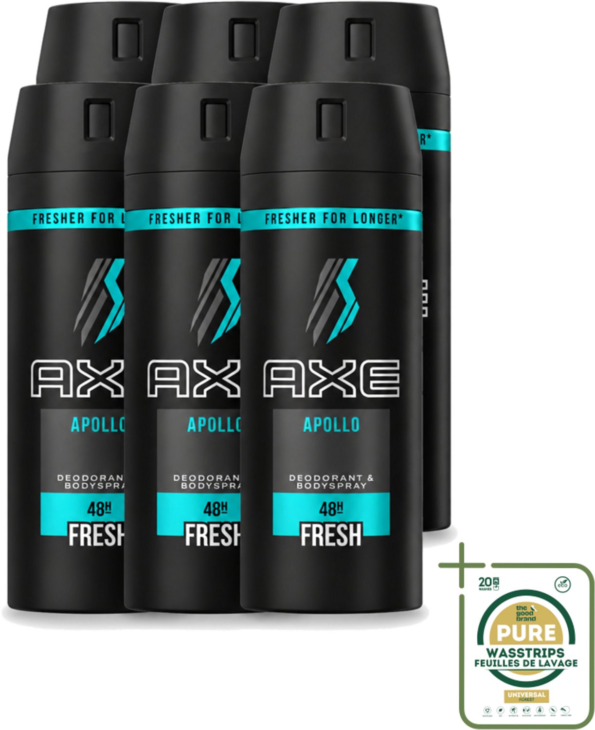 6 x Axe - Deodorant Bodyspray - 48hrs Non Stop Fresh - Apollo - 150 ml - Wasstrips - Axe Apollo Deodorant Bodyspray - 48h Non Stop Fresh - Deodorant Bodyspray - Lichaamsgeur - Fris