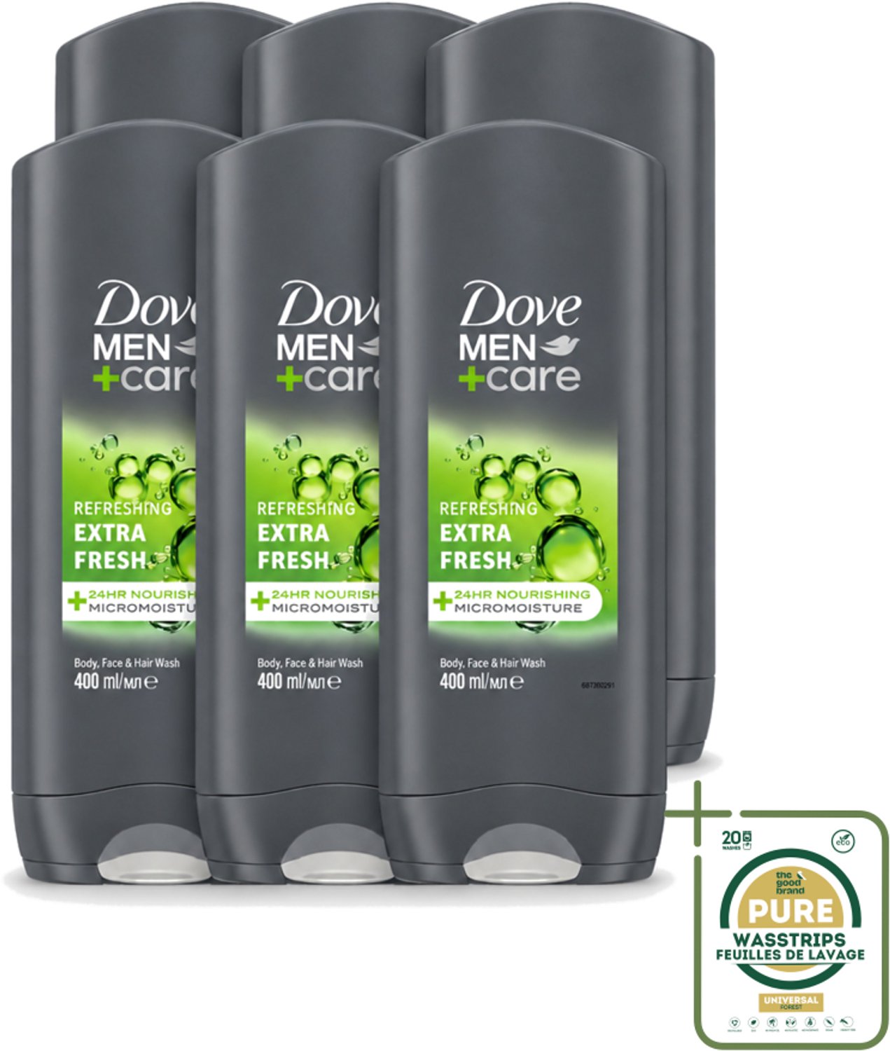 6 x Dove - Douchegel - Men+ Care Extra Fresh - Verfrissend - 400 ml - Wasstrips - Douchegel Mannen - Reiniging Mannenhuid - Frisse Geur - Energie Gevoel - Milde Douchegel