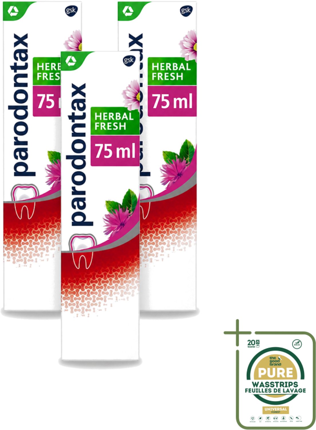 3 x Parodontax - Tandpasta - Herbal Fresh - Bergamot & Mint - 75ml - Wasstrips - Tandvleesgezondheid - Bloedend Tandvlees - Tandpasta - Kruidenextracten - Bergamot