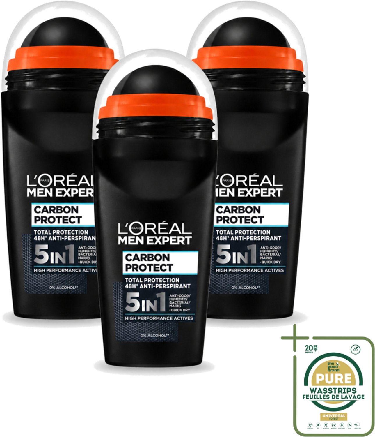3 x L’Oréal Paris Men Expert – Deodorant Roller – Carbon Protect 5-in-1 – 50 ml - Anti-transpirant - Deodorant Roller - 5-in-1 - Anti-vlek - Zweetgeur