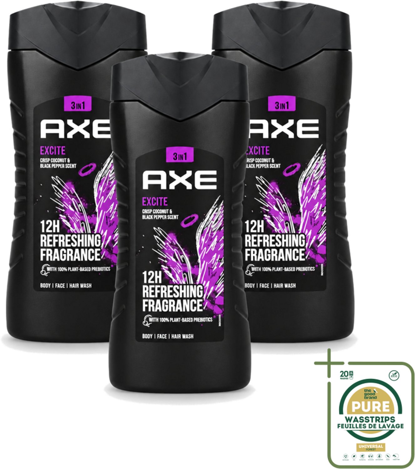 3 x Axe – Douchegel – Excite - 250 ml - Wasstrips - Douchegel - Douchegel Zwarte Peper Kokosnoot - Douchegel Voor Mannen - Douchegel Kruidige Geur - Douchegel Warm En Fris