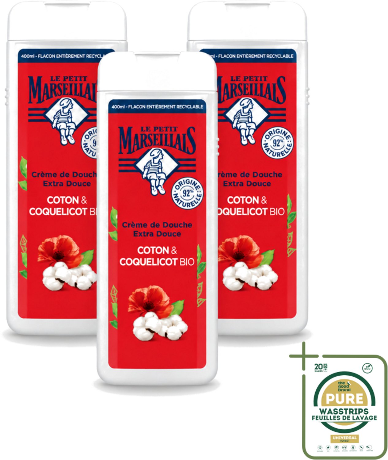 3 x Le Petit Marseillais – Douchegel – Bio Katoenmelk & Papaver – 400 ml - Wasstrips - Douchegel Bio - Katoenmelk - Papaver - Huid Verzorging - Milde Reiniging