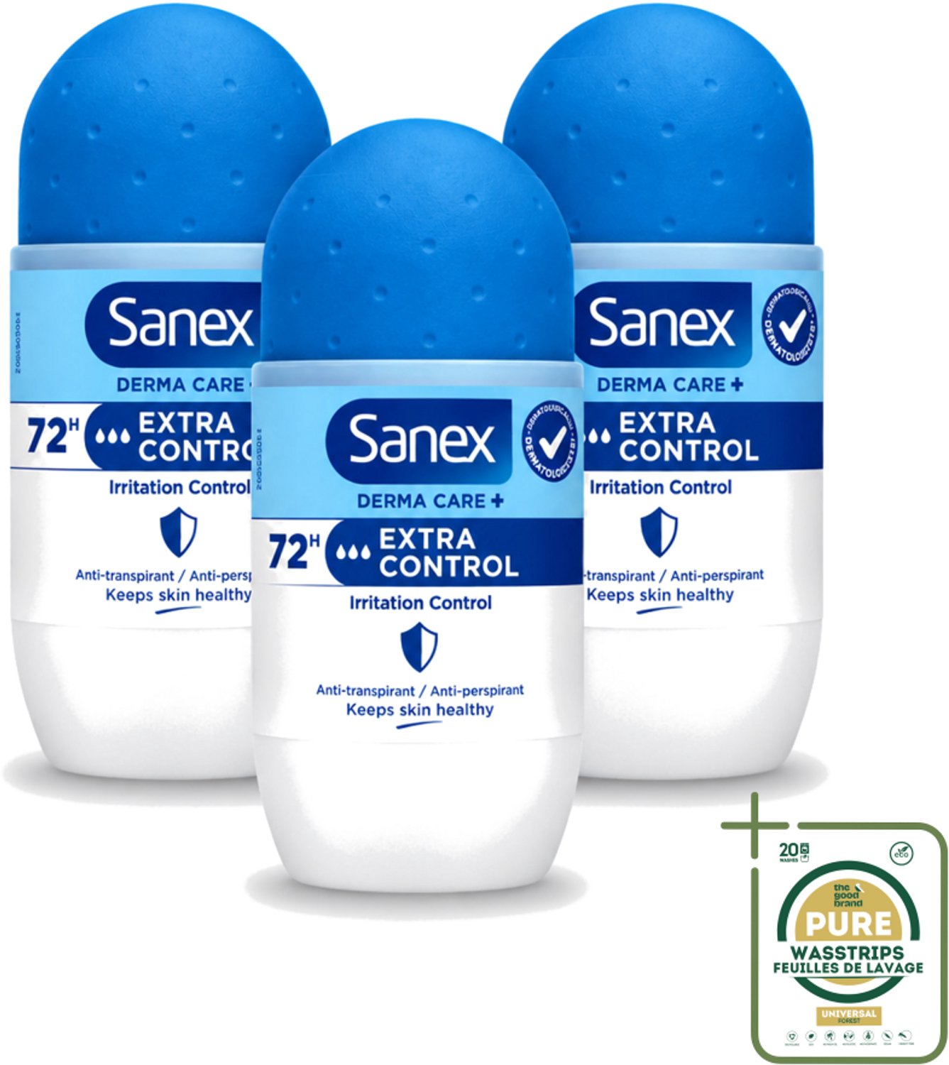 3 x Sanex – Deo Roll-on – Dermo Extra Control – 53 ml - Anti-transpirant - Zweetvermindering - Huidbalans - Aluminiumchloride - Geur