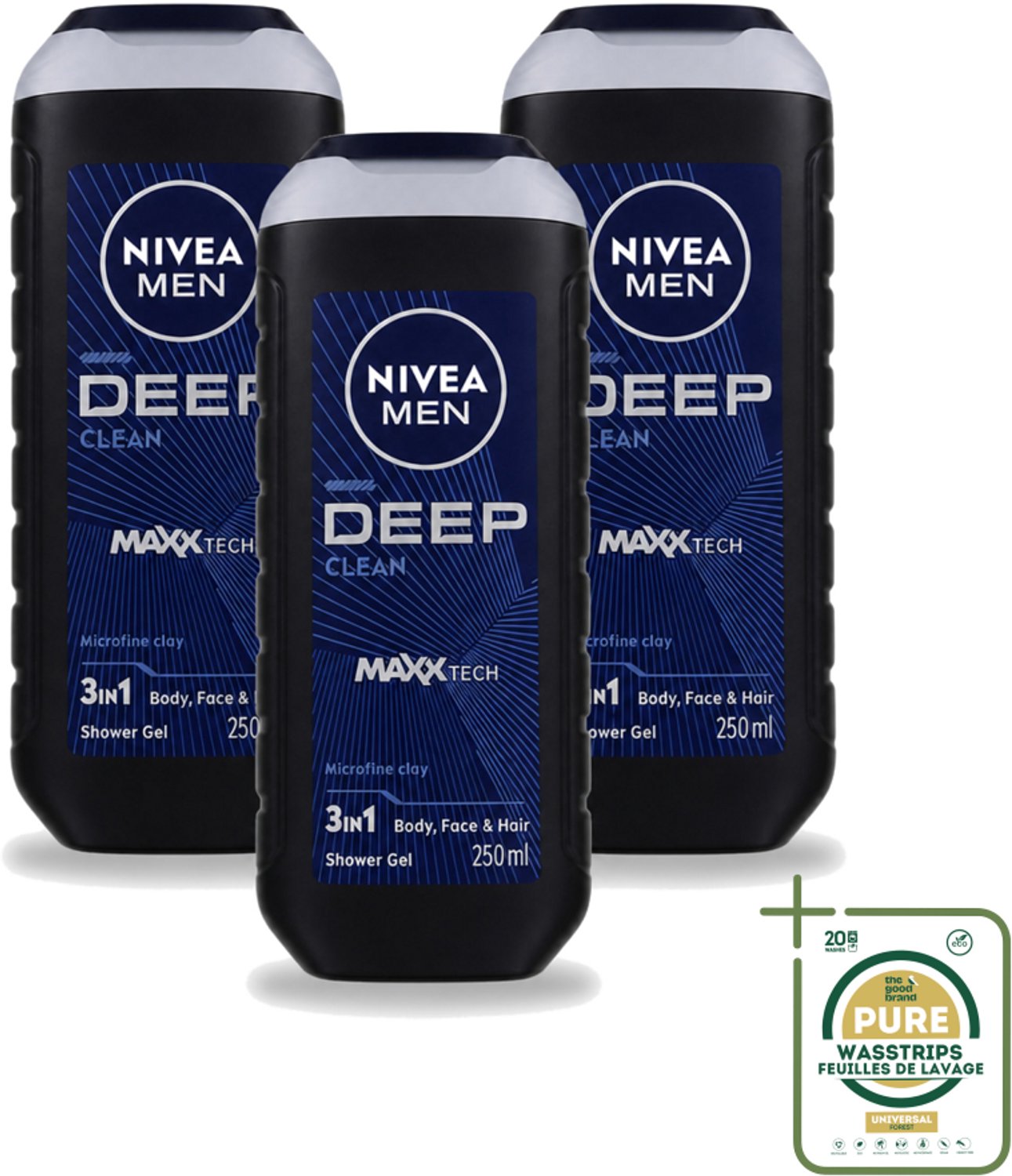 3 x Nivea Men – Douchegel – Deep Clean – 250 ml - Wasstrips - Douchegel - Diepe Reiniging - Microfijne Klei - Huid Reinigen - Haar Reinigen