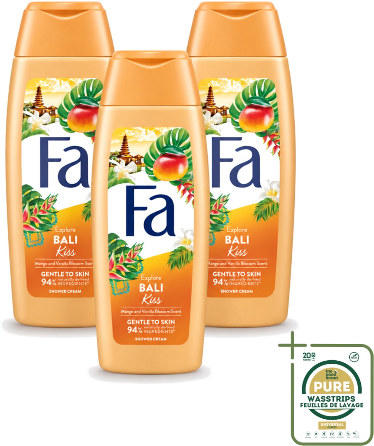 3 x Fa – Douchegel – Bali Kiss – 250 ml - Wasstrips - Douchegel - Mango - Vanillebloesem - Tropisch - Vegan