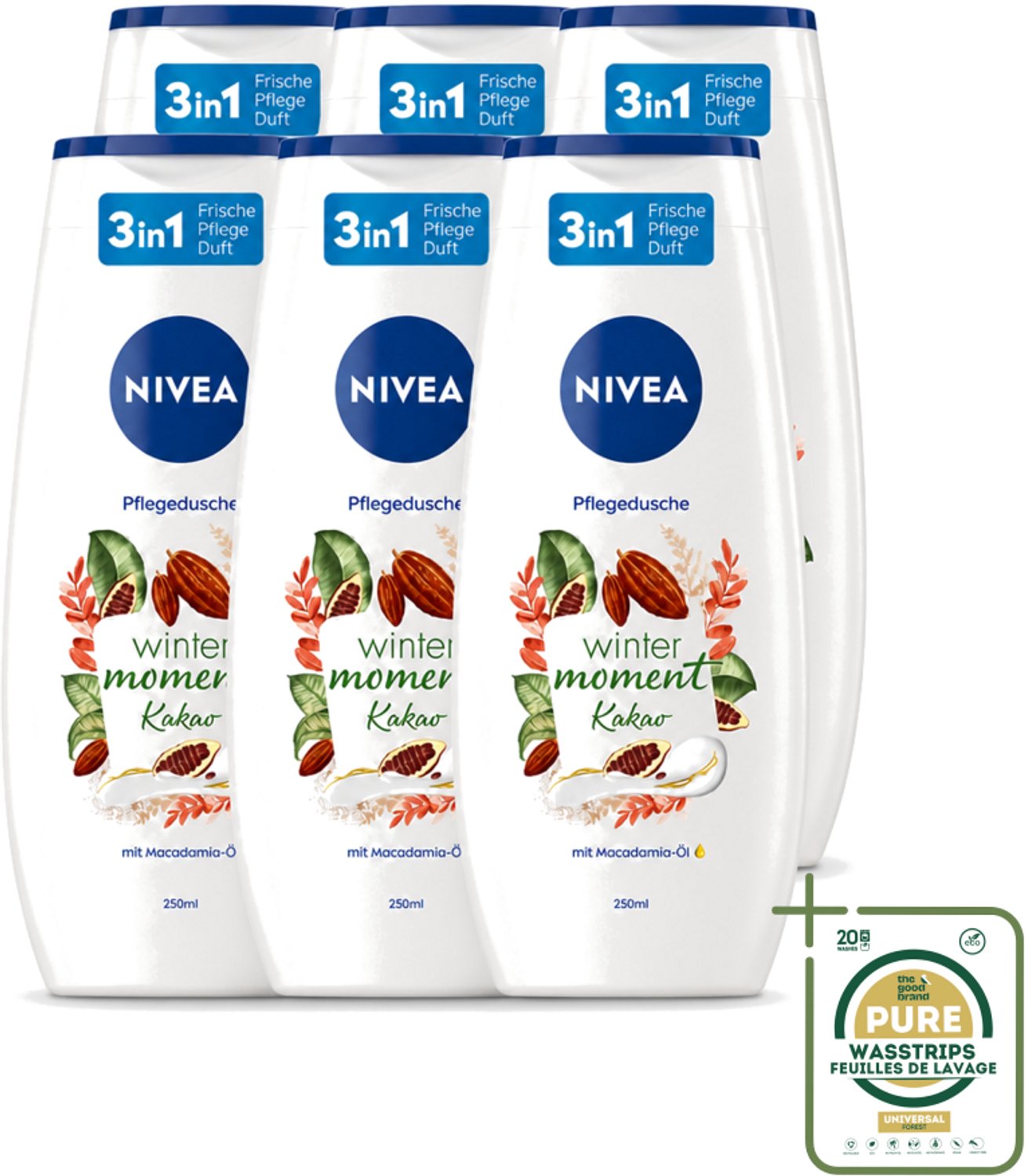 6 x Nivea - Douchegel - Winter Moment Cacao - 250 ml - Wasstrips - Douchegel - Winter Moment - Cacao - Verzorgende Douchegel - Huid Verzorging