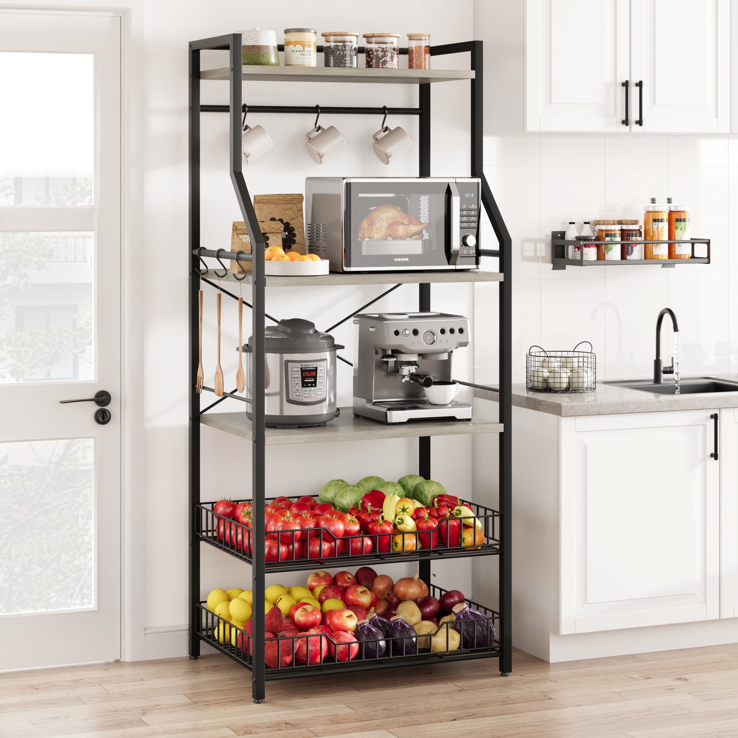 Keukenrek 5 Niveaus - Met Draadmanden - Haken & Houten Planken - Keukenrek Koffiestation - Zwart