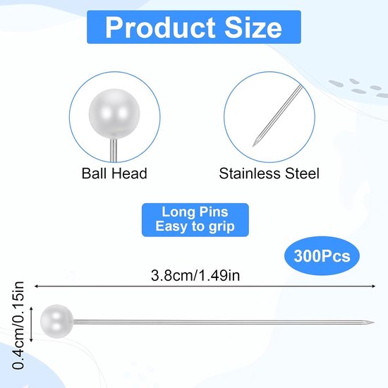 300 stuks spelden naaien, spelden met kop, naaiaccessoires (kop 4 mm), naaispelden, klinknagelstiften, kleermakersspelden, glaskopspelden, witte glazen kopspelden voor knutselen, bloemistiek, zomen — afbeelding 2