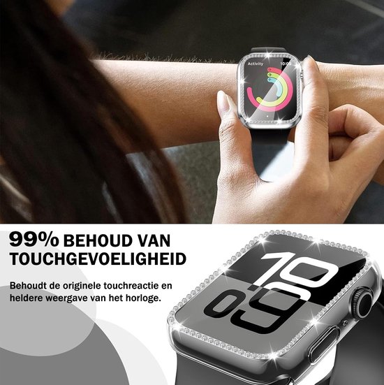 Apple Watch met glinsterende strass-beschermhoes, behoudt 99% touchgevoeligheid.