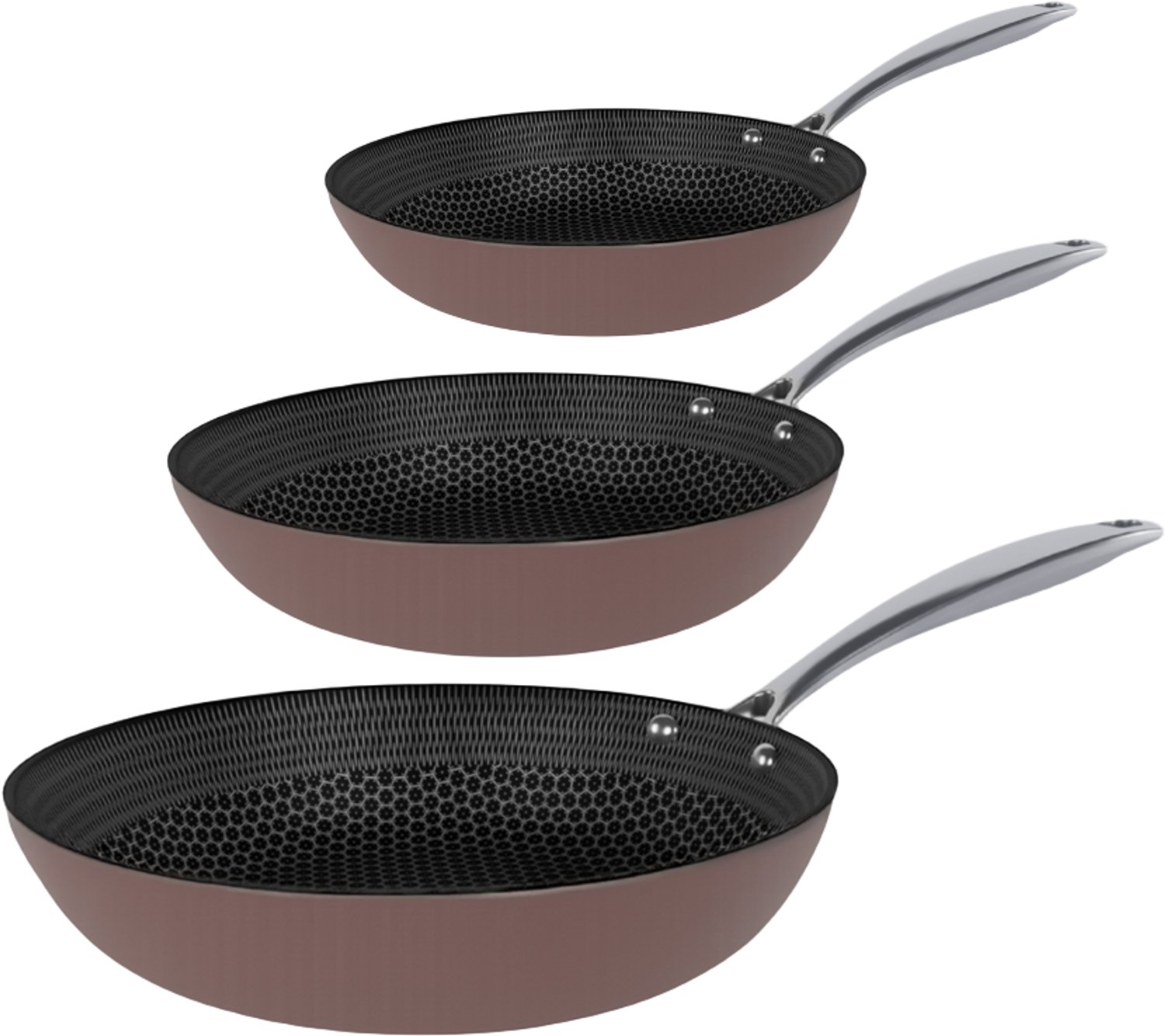 Cook & Pan - Taupe of Mind Honey Koekenpannenset 3-delig + 3 glazen deksels - RVS - PFAS vrij - Inductie Honingraat - Non stick - 7 jaar garantie - Taupe