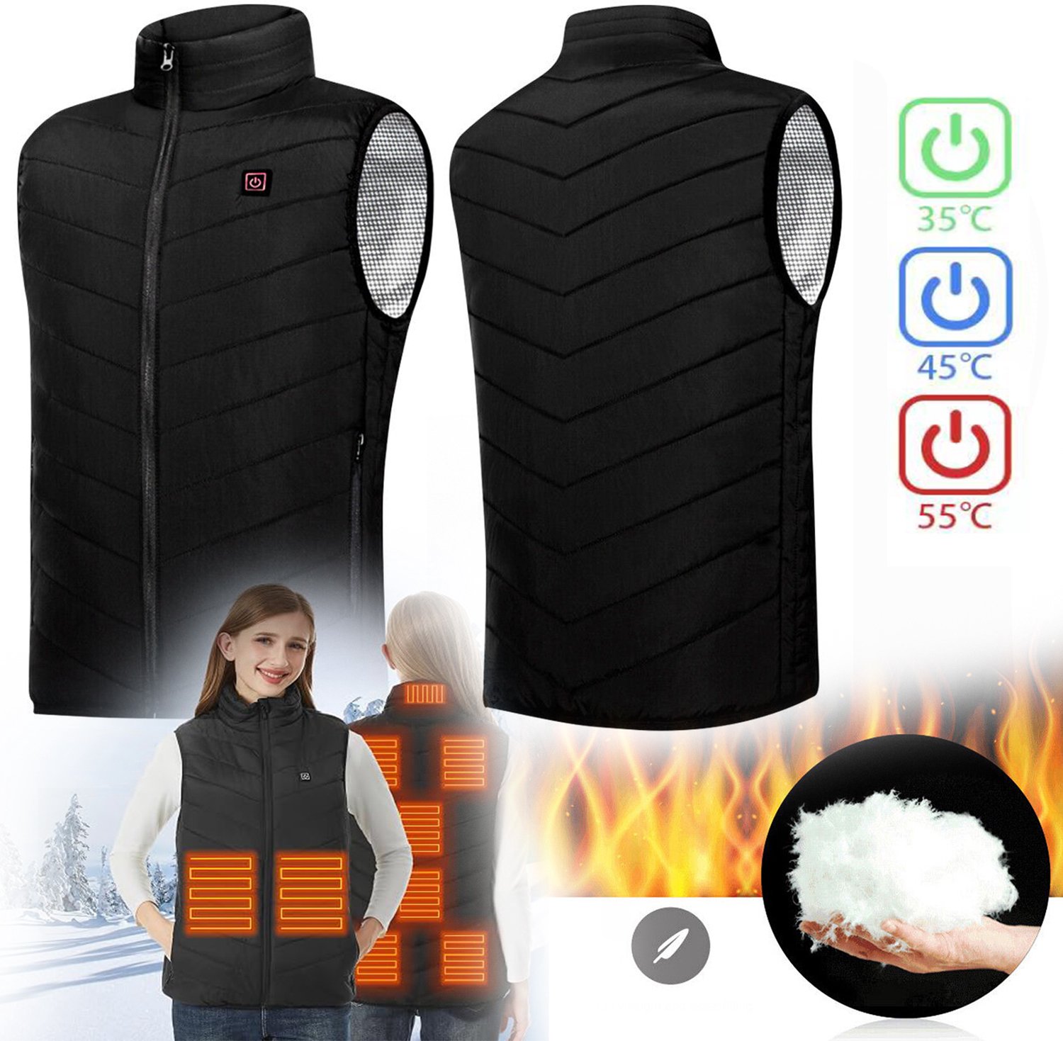 Elektrische Lichaamsverwarmer Verwarmd Vest Voor Mannen en Vrouwen 9 Verwarmingskussens Van Koolstofvezel 3 Instelbare Niveaus. Zwart