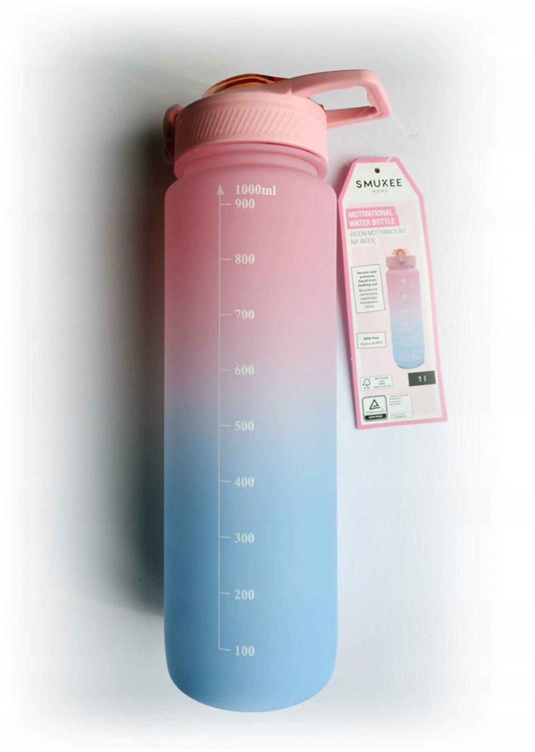 Smukee Motiverende Bidon met Rietje - 1000 ml - Roze Blauw