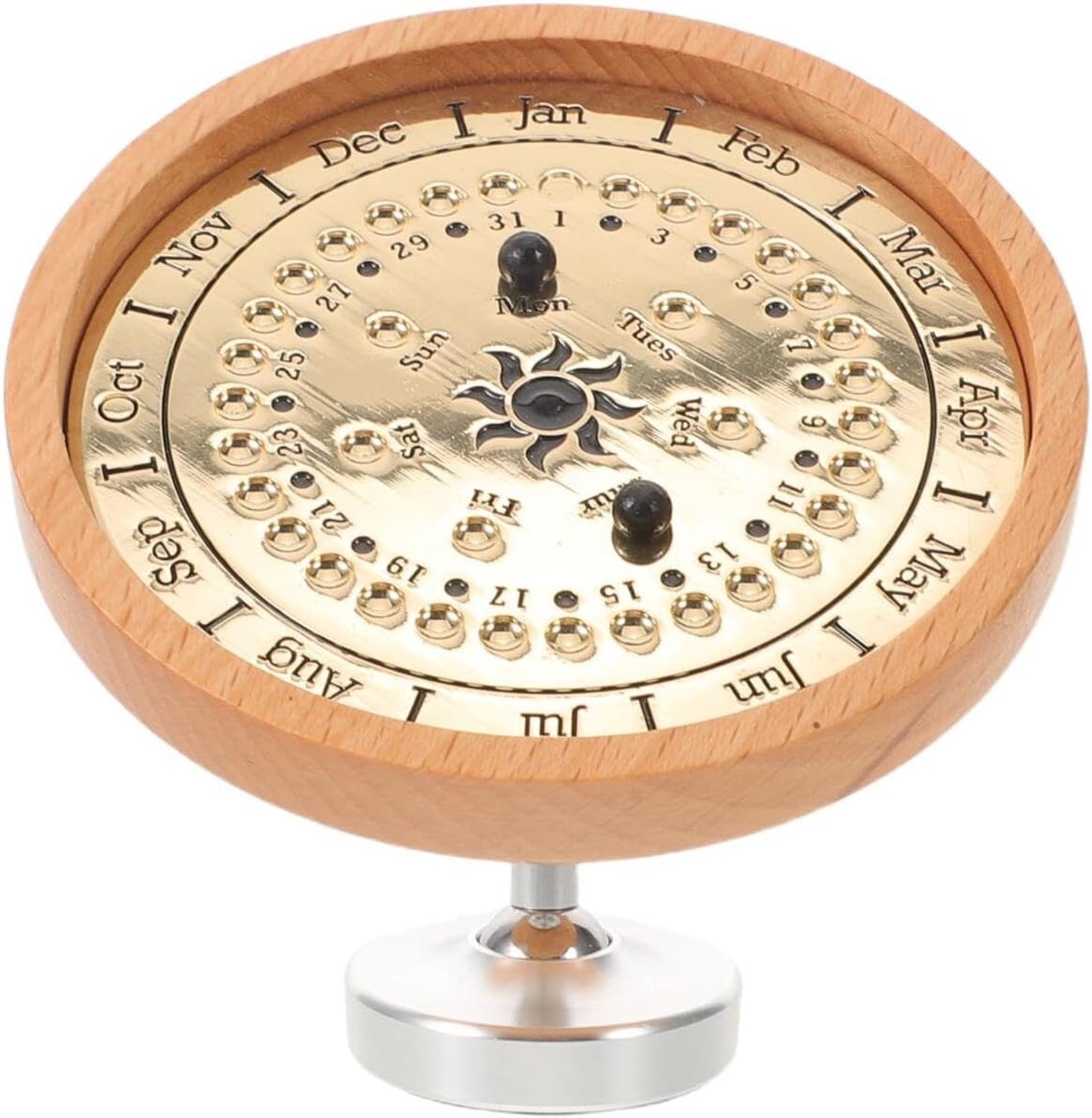 Houten Eeuwigdurende Bureaukalender met Standaard Verstelbare Vintage Zonnewijzer Natuurlijke Houten Decoratie voor Dagelijkse Datumweergave Kantoor Thuis