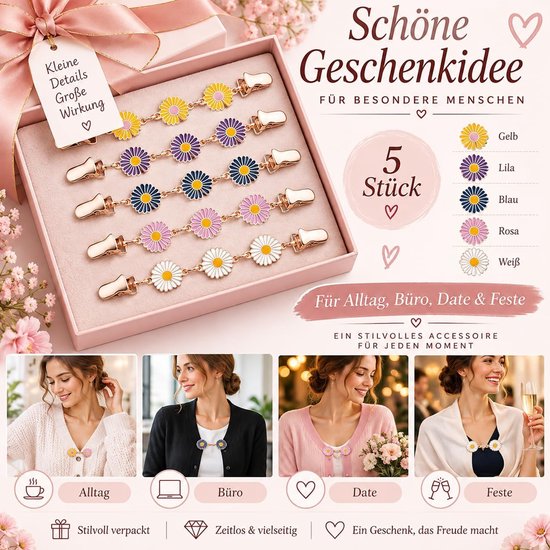 5 stuks Daisy cardigan clips voor dames, metaal, elegante kledingclips voor het vastbinden van truien, gebreide jas, blouse, decoratieve cinch-clip voor sjaals, doeken en stijlvolle outfits — afbeelding 3