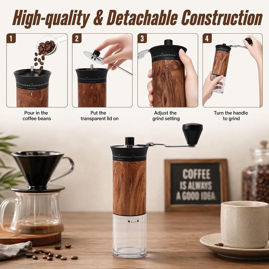 Handmatige koffiemolen met keramische maalschijven van roestvrij staal, perfect voor versgemalen koffie en barista-ervaring — afbeelding 4