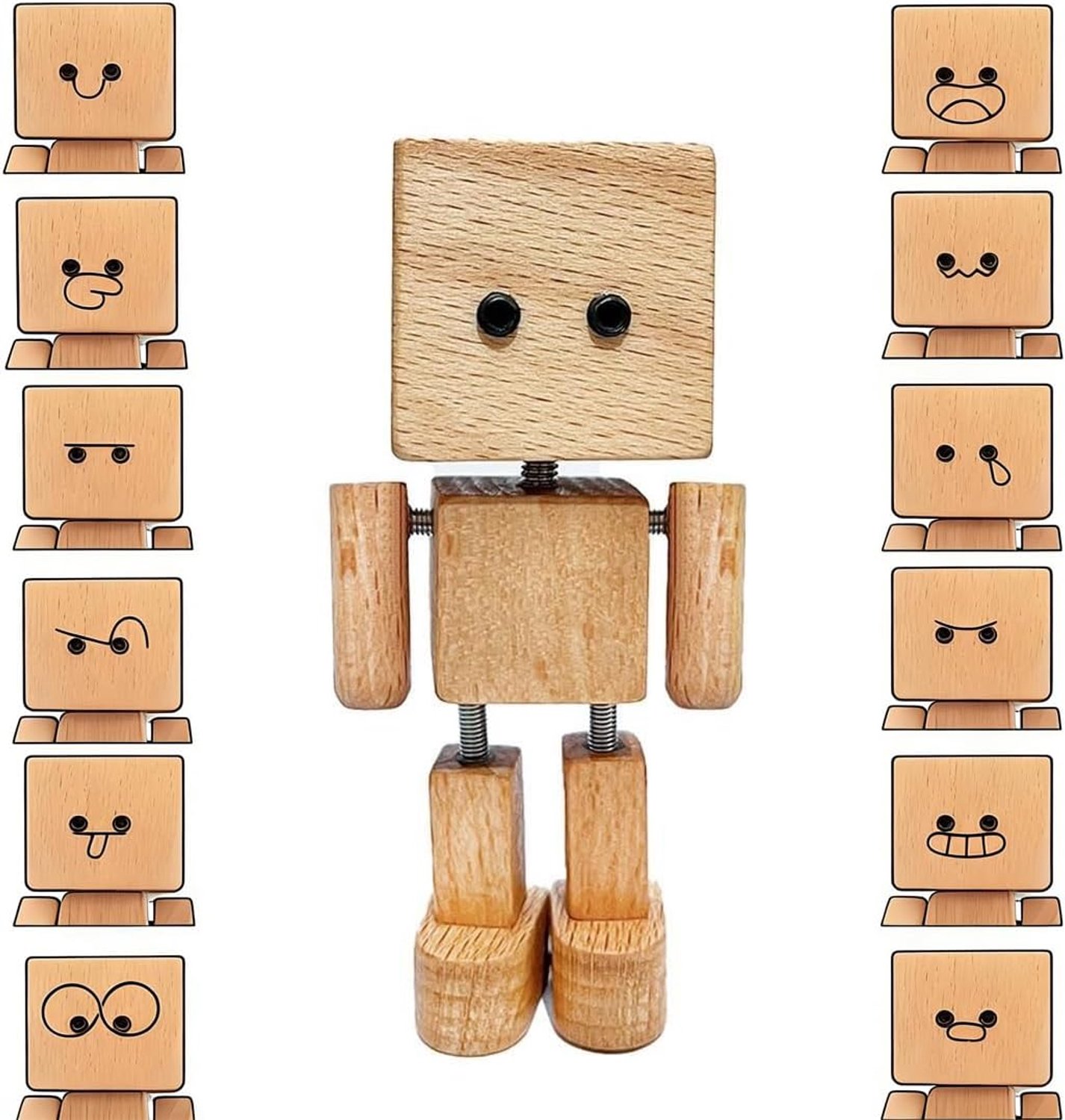 Wiebelende houten man, schudman van hout, wiebelende houten figuur, schuddende Holzman-figuur met 12 uitdrukkingen, handgemaakt, voor dashboard, autoaccessoires, bureau, decoratie