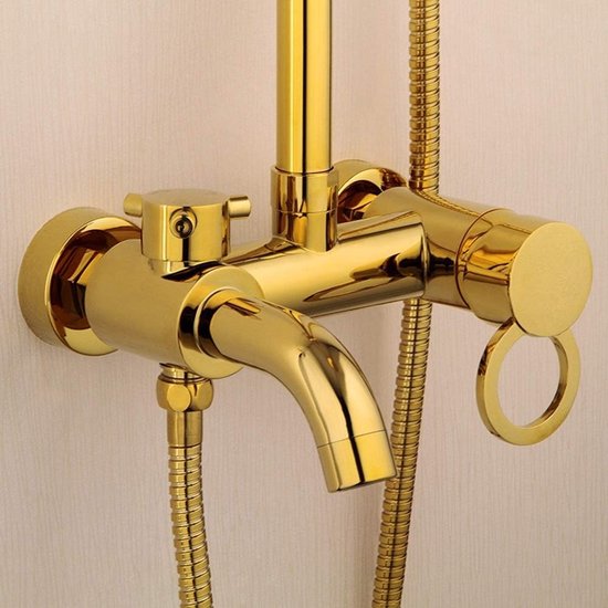 Mixer Douche Set Douche Set Alle Koper Goud Europese Badkamer Douche Set Handdouche Systeem is Onder Druk Lifting Rod Ronde Top Spray Douche Kraan 3 Functionele Band Mooie Praktische Bat — afbeelding 2
