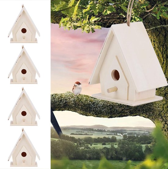 4 stuks Mini Opknoping Houten Vogelhuis Nesten Kooi Ornament Ambachten DIY Fokken Papegaai Vogel Nestkast Buiten Opknoping Vogelhuisje voor Tuin Yard Decor — afbeelding 5