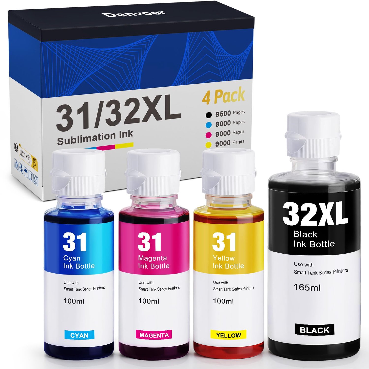 Denvoer 31 32XL Ink Bottle Compatible with HP 31 32XL for HP Smart Tank 5105 Ink for 5106 5107 7005 7305 7605 7606 and Plus 455 515 530 558 570 655 75