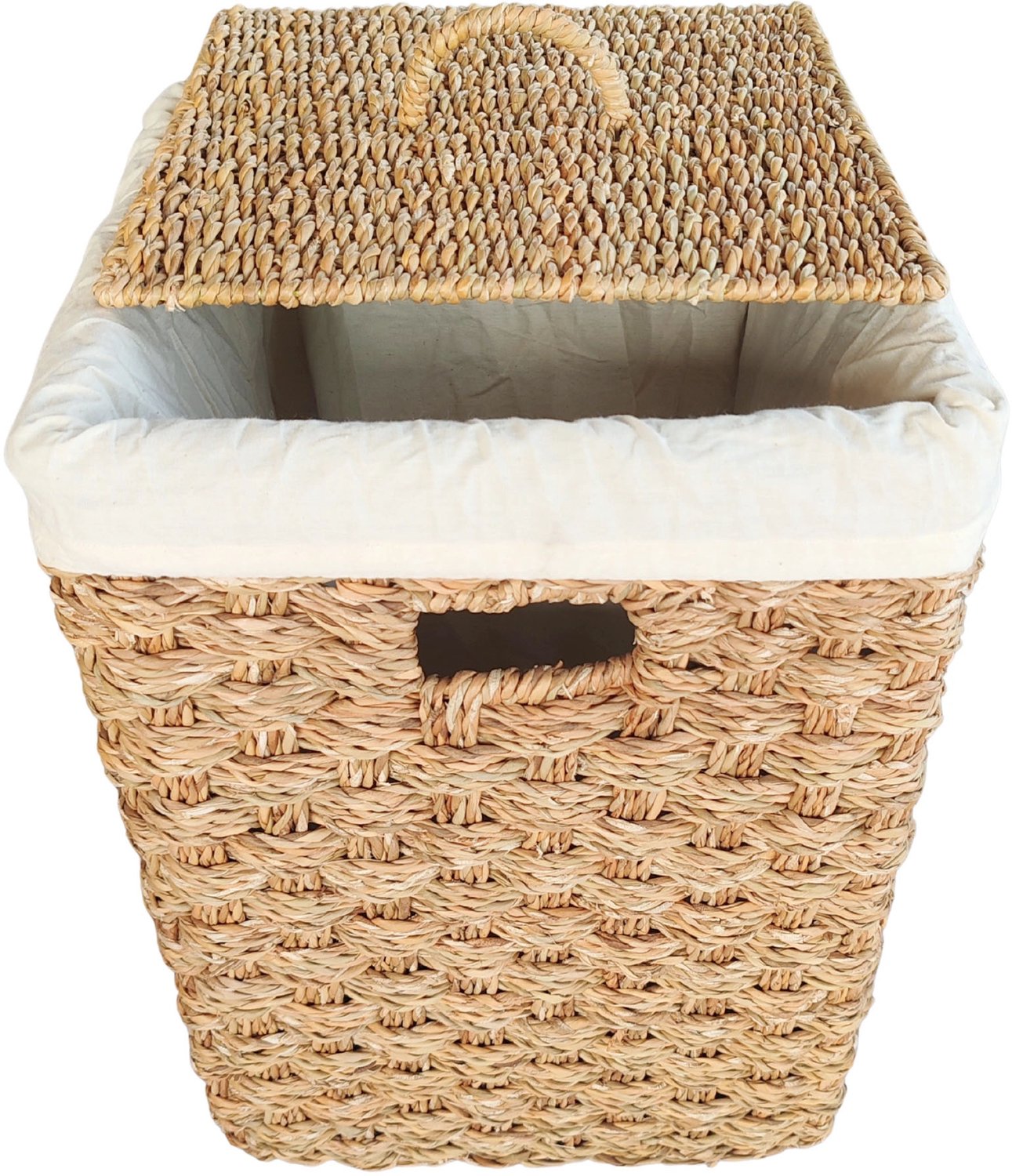 Vierkante wasmand met deksel – zeegras – 55 liter – met waszak – naturel