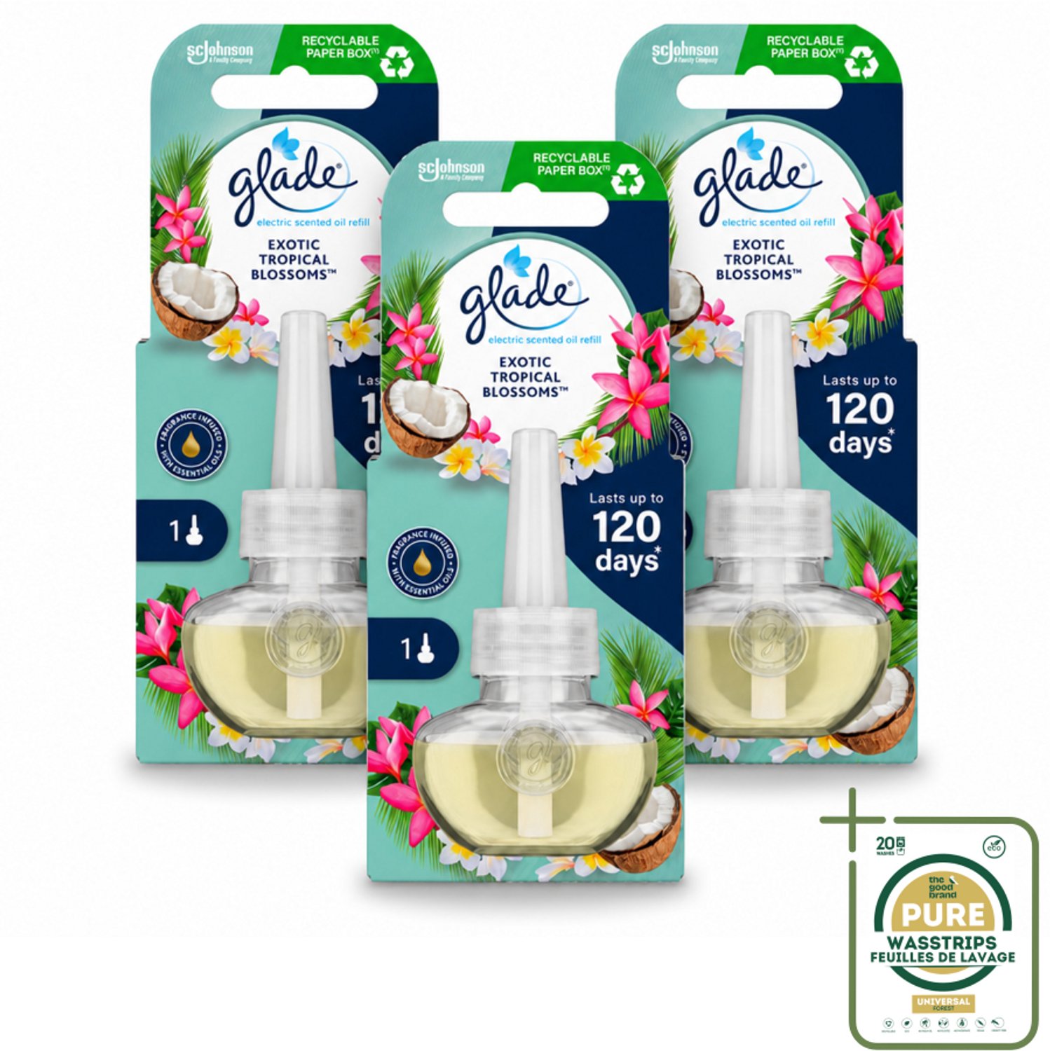 3 x Glade - Navulling Elektrische Olie - Exotic Tropical Blossoms - Zonder Houder - Wasstrips - Luchtverfrisser - Geur - Tropische Geur - Monoi Olie - Kokosmelk