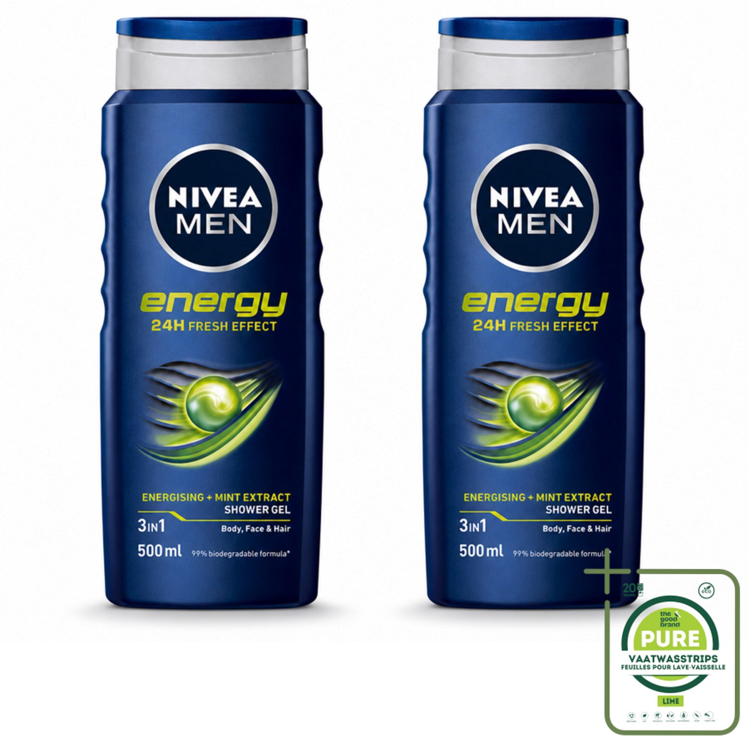 2 x NIVEA MEN - Douchegel - Energy - 500 ml - Grootverpakking - Vaatwasstrips - Douchegel - Energie - Mintextract - Frisheid - Lichaam