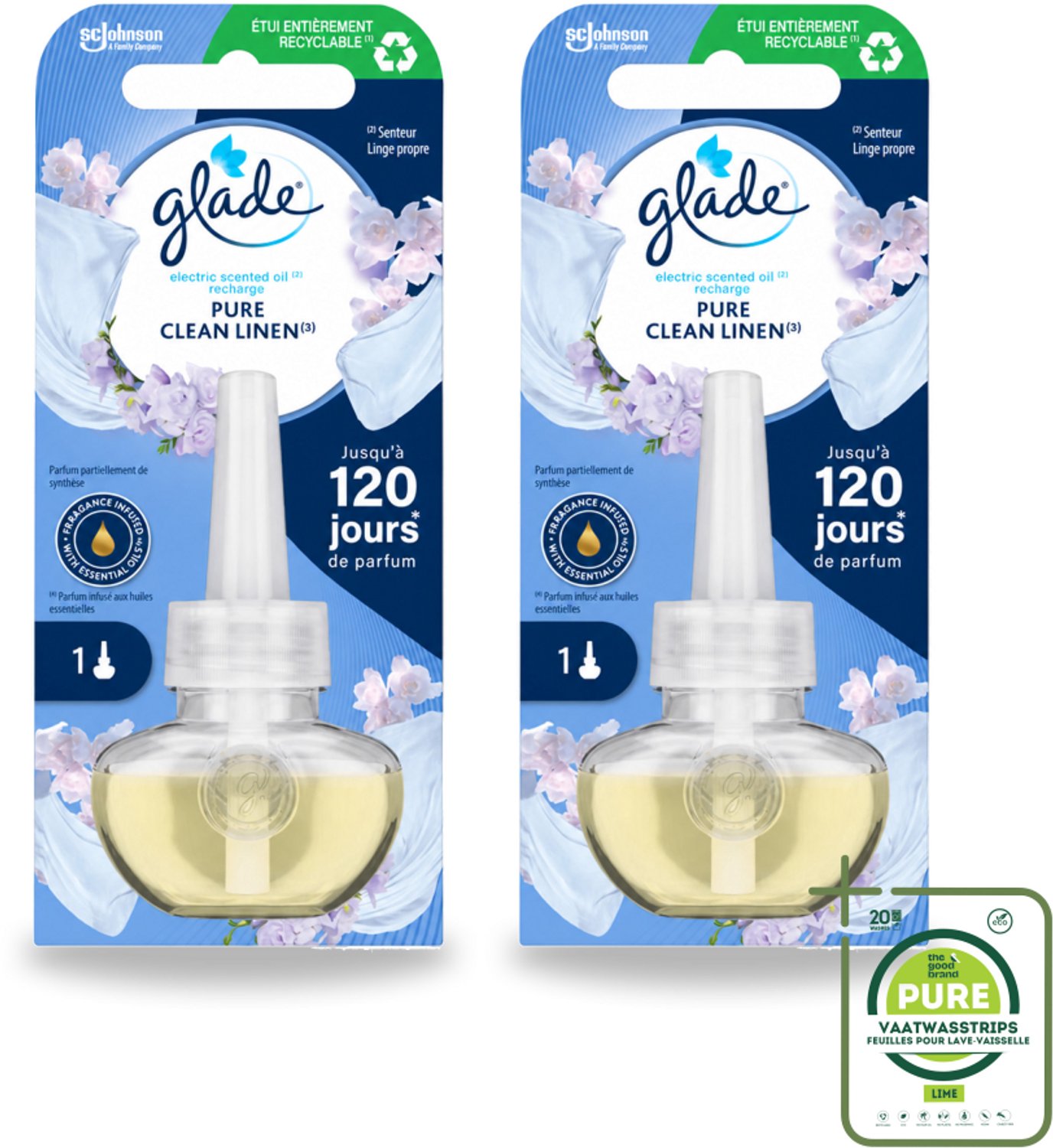 2 x Glade - Navulling Elektrische Olie - Pure Clean Linen - Zonder Houder - Grootverpakking - Geur - Linen - Sfeer - Geurafgifte - Essentiële Oliën