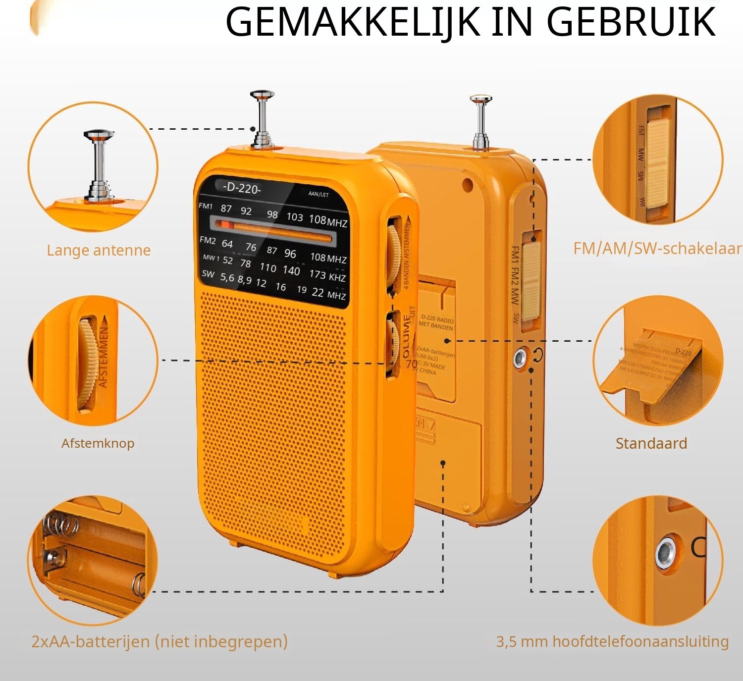 Kavo Noodradio - LED Zaklamp - Draagbare Radio op Zonne Energie - Oranje - 7cm x 3cm x 12cm