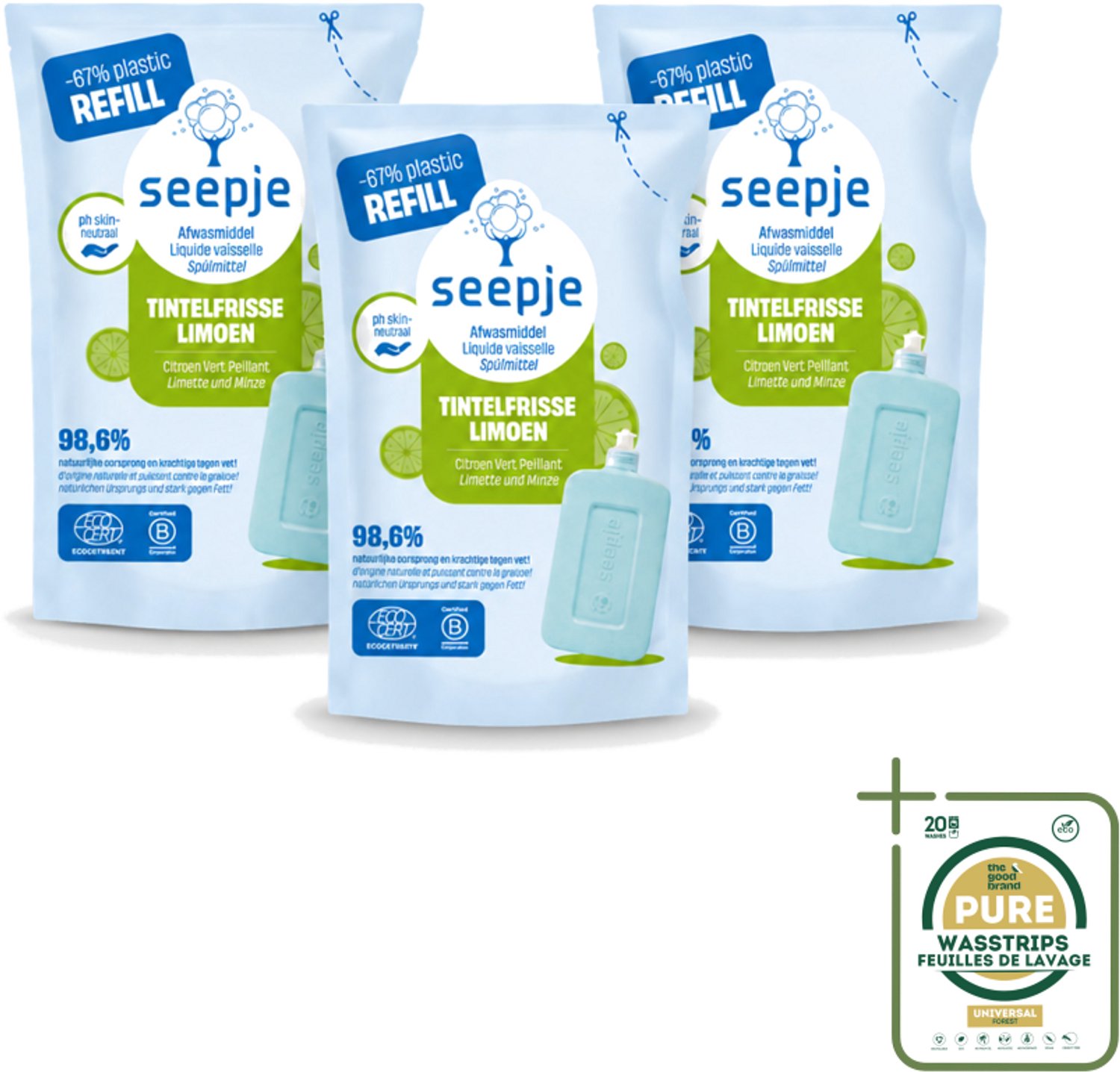 3 x Seepje - Afwasmiddel - Duurzaam & Herbruikbaar - Re-fill - Tintelfrisse Limoen Geur - 500 ml - Wasstrips - Afwasmiddel - Duurzaam Afwasmiddel - Refill Afwasmiddel - Limoengeur - Milieuvriendelijk Afwasmiddel