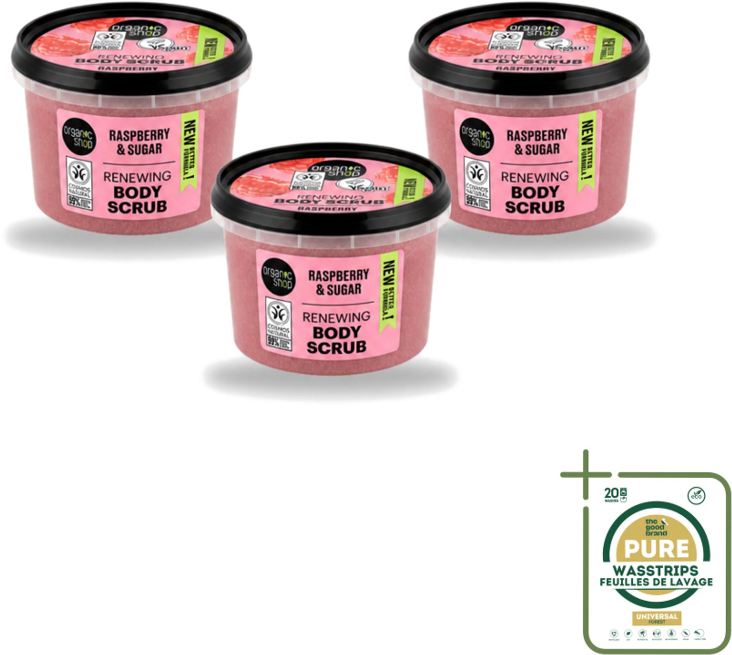 3 x Organic Shop - Organic Raspberry & Sugar Body Scrub - Verfrissend en Peeling - 250 ml - Wasstrips - Bodyscrub - Exfoliatie - Huidpeeling - Natuurlijke Huidverzorging - Framboosscrub