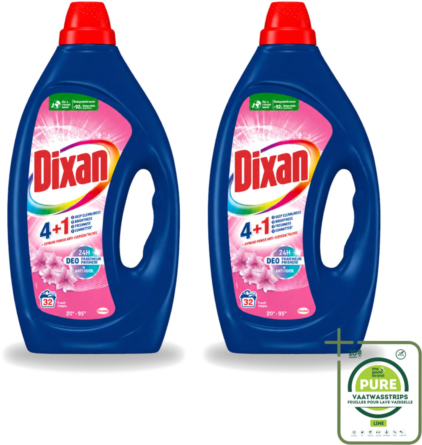 2 x Dixan - Vloeibaar wasmiddel - Fresh Pink - 32 wasbeurten - Grootverpakking - Vaatwasstrips - Wasmiddel - Wasgeur - Frisse Geur - Vlekverwijdering - Wasmachine