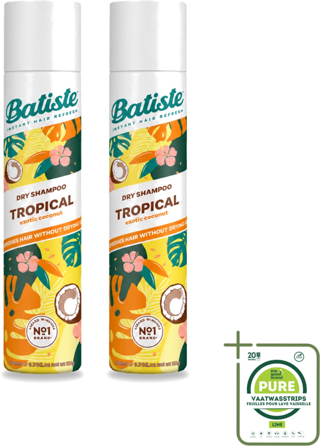 2 x Batiste - Tropical - Droogshampoo - Tropische Geur - Verfrist en Stylet - 200ml - Grootverpakking - Vaatwasstrips - Droogshampoo - Fris Haar - Tropische Geur - Haarkleur - Haartype