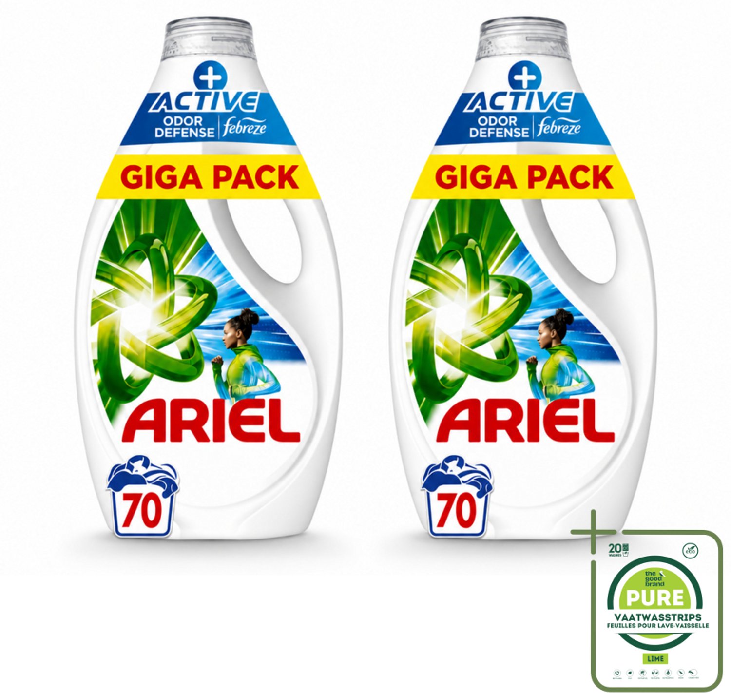 2 x Ariel - Vloeibaar Wasmiddel - +Actieve Odor Defense - 70 Wasbeurten - 3,15 liter - Grootverpakking - Vaatwasstrips - Vloeibaar Wasmiddel - Geurbestrijding - Zweetgeuren - Koud Water - Vlekken Verwijderen