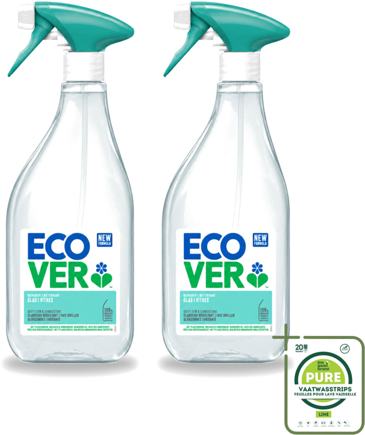 2 x Ecover - Glasreiniger Spray - 500 ml - Grootverpakking - Vaatwasstrips - Glas Reinigen - Glas Reiniger - Glas Schoonmaken - Glas Spiegel Reinigen - Plantaardige Reiniger