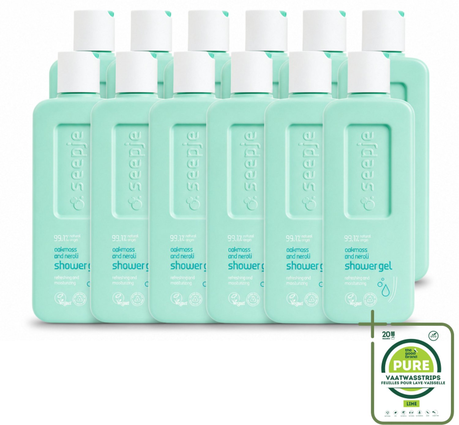12 x Seepje - Douchegel - Hydraterend & Verfrissend - Eikenmos en Neroli - 300 ml - Grootverpakking - Vaatwasstrips - Douchegel - Natuurlijke Douchegel - Eikenmos - Neroli - Huidverzorging