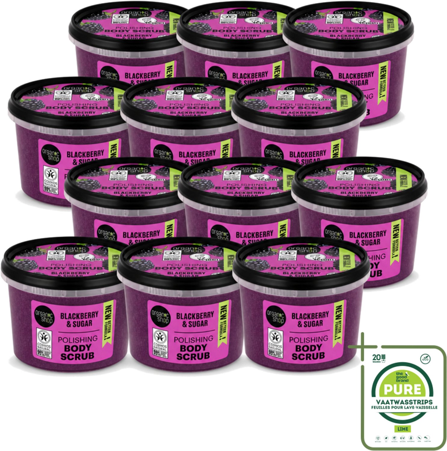 12 x Organic Shop - Body Scrub Blackberry - Verfrissend en Hydraterend - 250 ml - Grootverpakking - Vaatwasstrips - Bodyscrub - Exfoliatie - Huidverzorging - Braamextract - Natuurlijke Suiker