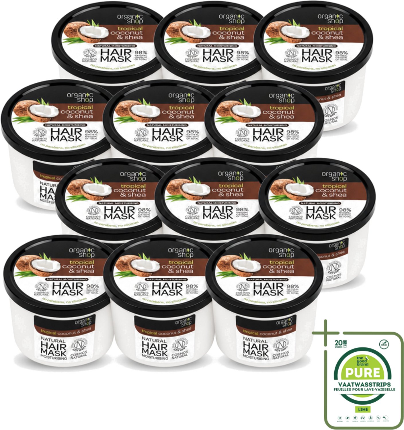 12 x Organic Shop - Haarmasker Coconut & Shea - Verzorgend en Voedend - 250 ml - Grootverpakking - Vaatwasstrips - Haarmasker - Kokosnoot - Shea - Natuurlijk Haarverzorging - Hydratatie