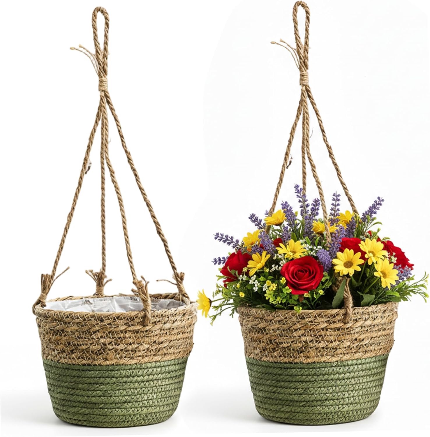Hangmand van 2 stuks, natuurlijke zeegras, hangende mand voor binnen met handgeweven rotan hanger voor boho, huisdecoratie, tuin, terras, balkon (groen)