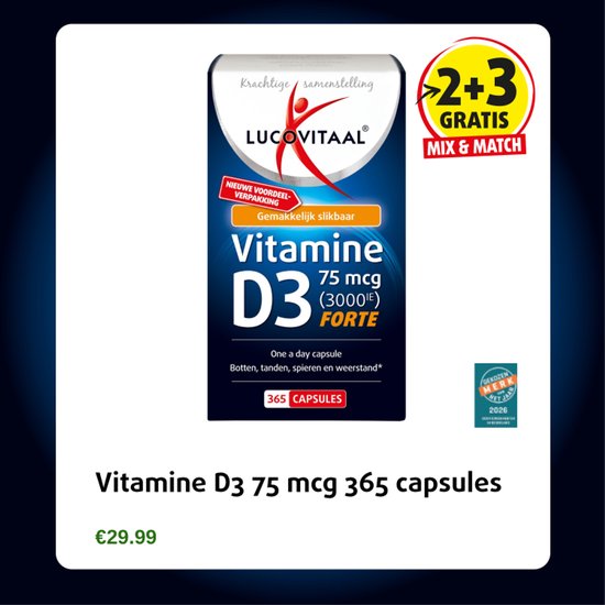 Lucovitaal Vitamine D3 Forte 75 mcg 365 capsules met 2+3 GRATIS MIX & MATCH aanbieding.